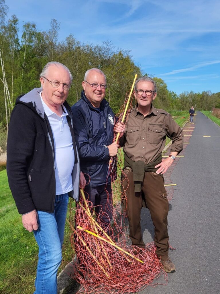 De schaepshoofden maken de wei klaar voor de schapen. De oranje draad wordt opnieuw rond de weide gezet, voor de terugkeer van de schapen.